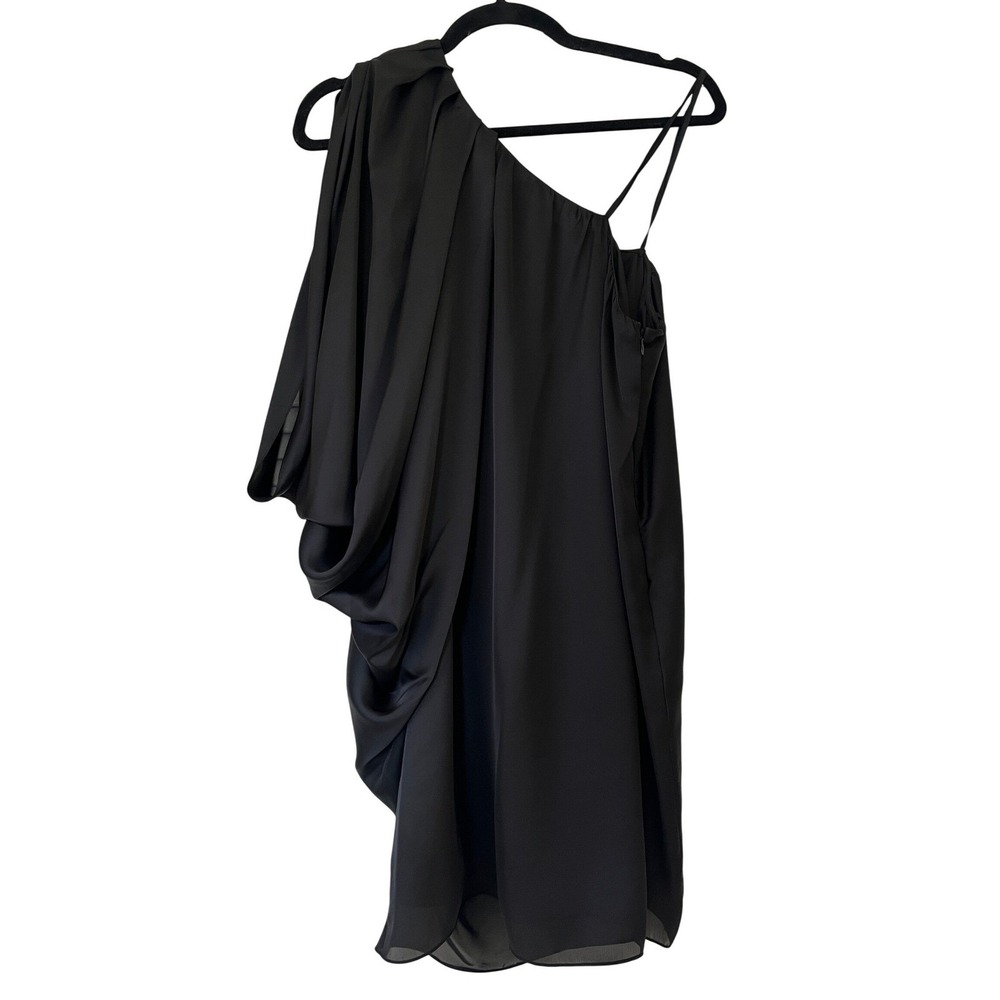 Aidan Mattox Charmeuse Satin One Shoulder Batwing Draped Dress Black Sz 10